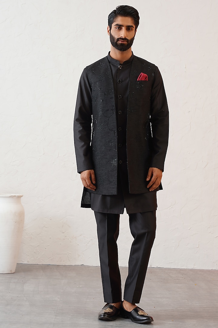 Black Dupion Silk Swarovski Work Indowestern Set by Zoop Men