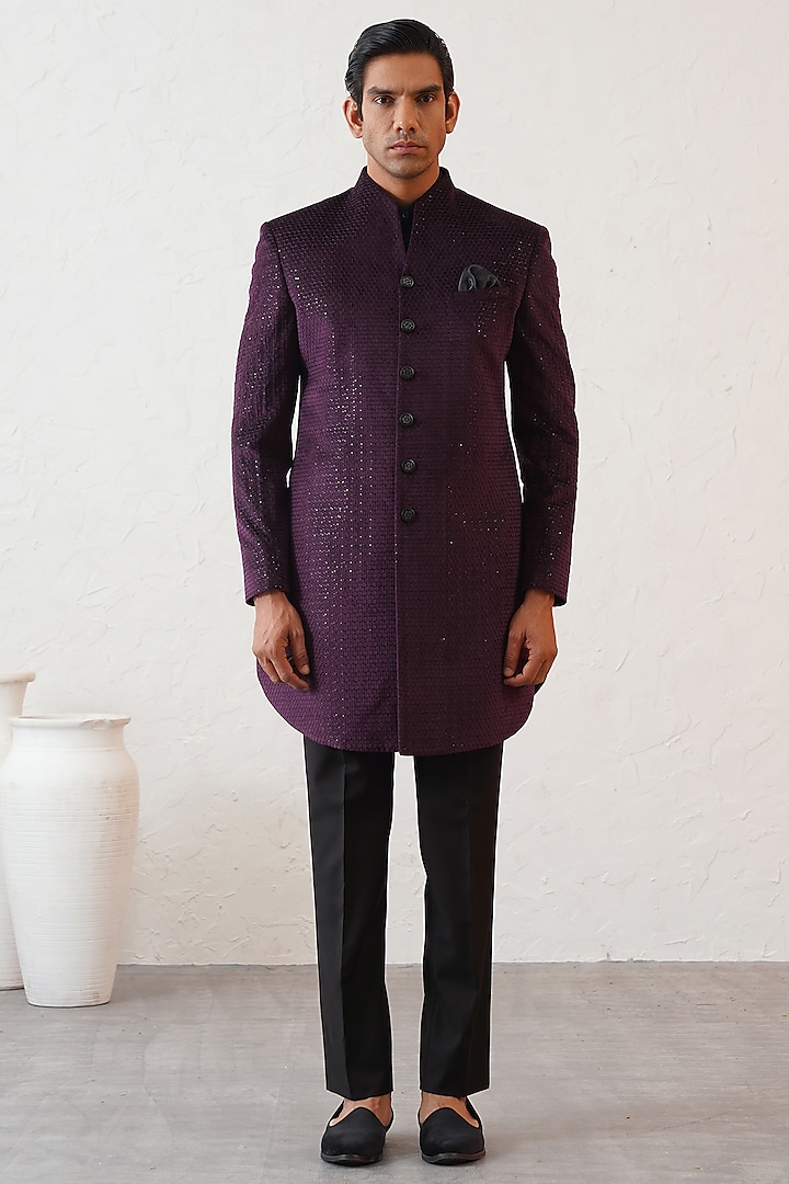 Purple Velvet Thread Embroidered Indowestern Set by Zoop Men