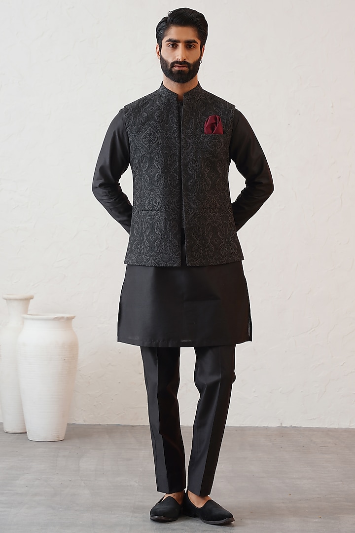 Black Wool Kashmiri Embroidered Bundi Jacket Set by Zoop Men