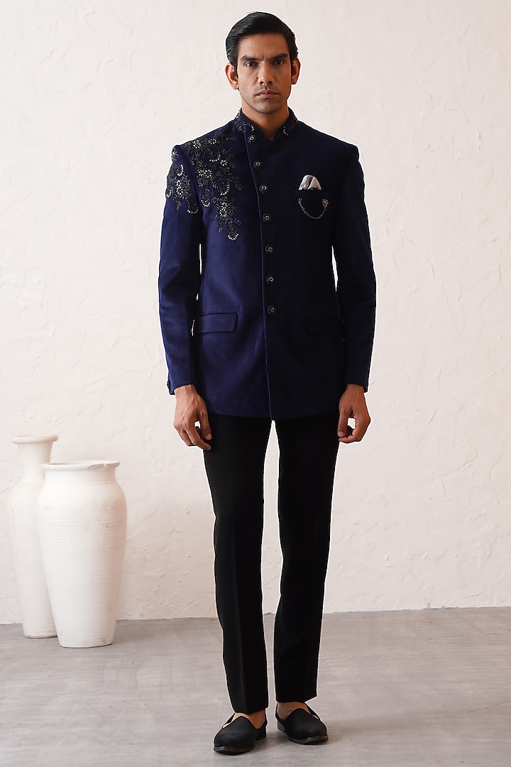 Navy Blue Velvet Hand Embroidered Bandhgala Set by Zoop Men at Pernia's Pop Up Shop