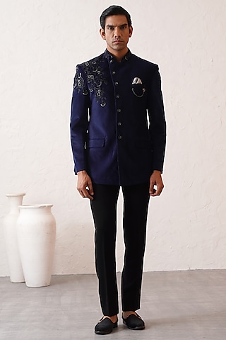Navy Blue Velvet Hand Embroidered Bandhgala Set by Zoop Men