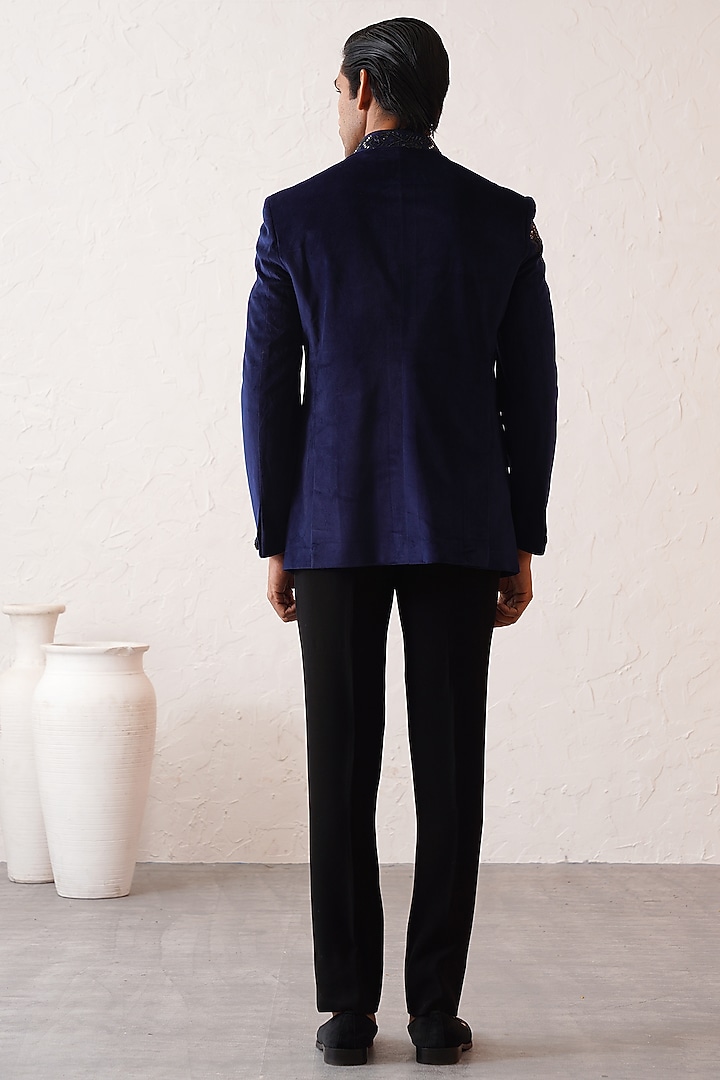 Navy Blue Velvet Hand Embroidered Wedding Bandhgala Set by Zoop Men at Pernia's Pop Up Shop