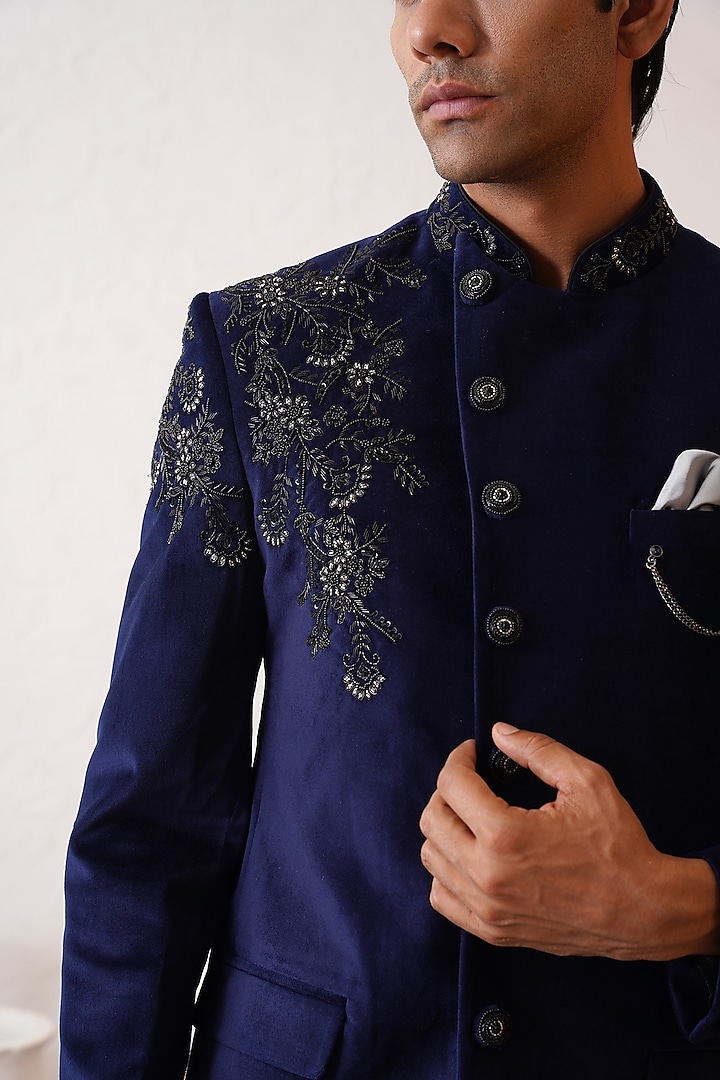 Navy Blue Velvet Hand Embroidered Wedding Bandhgala Set by Zoop Men at Pernia's Pop Up Shop