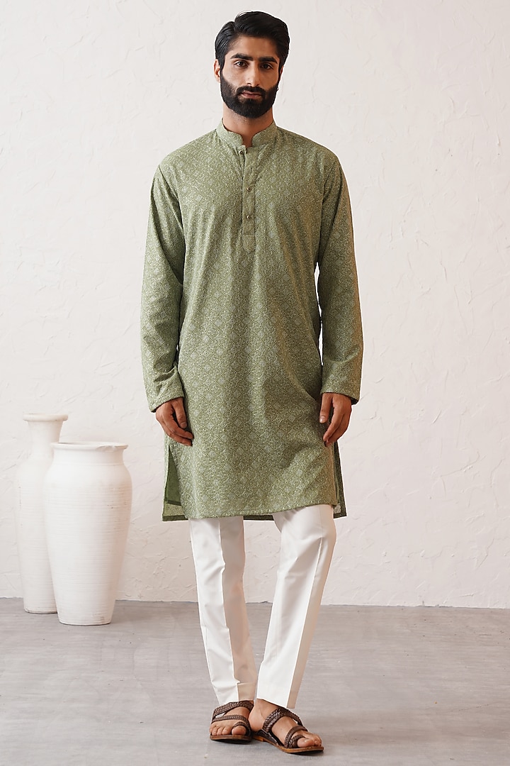 Green Banarasi Cotton Silk Zari Thread Embroidered Kurta Set by Zoop Men