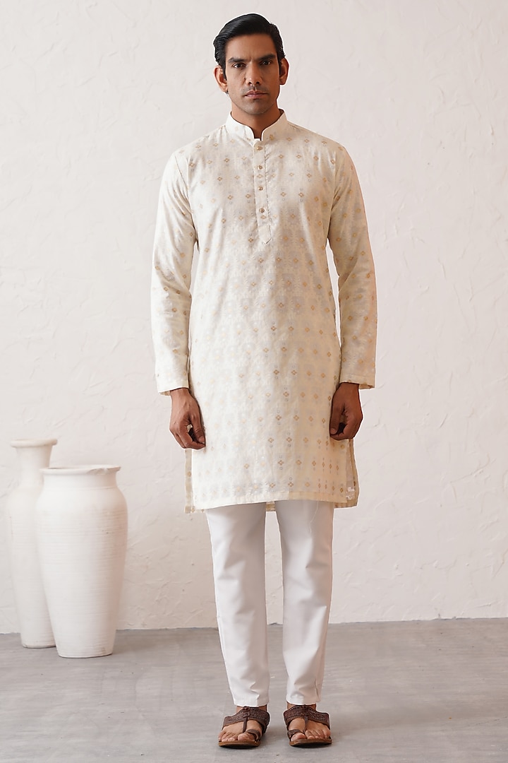 Light Cream Banarasi Silk Foil Embroidered Kurta Set by Zoop Men