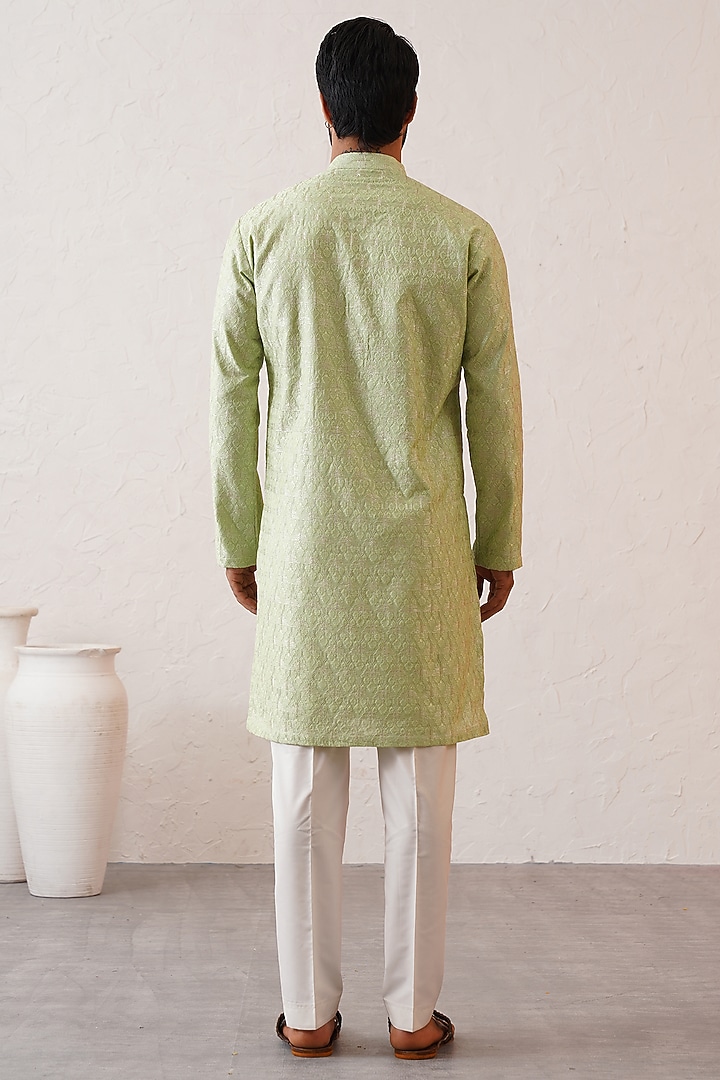Light Green Banarasi Cotton Silk Thread Embroidered Kurta Set by Zoop Men at Pernia's Pop Up Shop