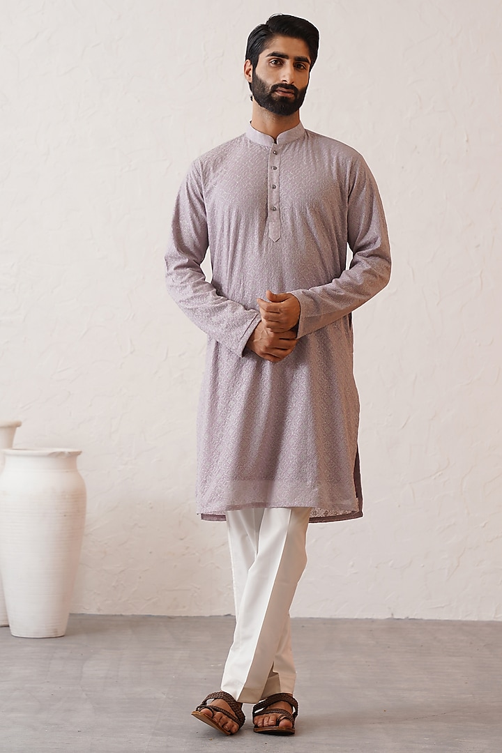 Pale Mauve Banarasi Cotton Silk Thread Embroidered Kurta Set by Zoop Men