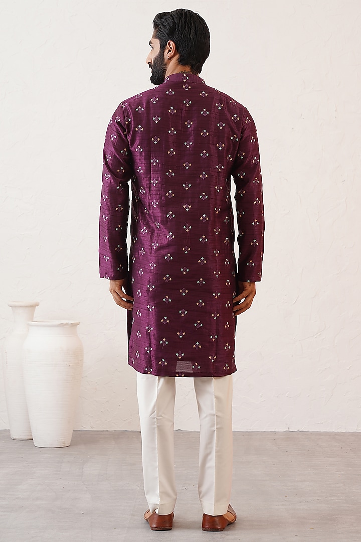 Purple Banarasi Cotton Silk Thread Embroidered Kurta Set by Zoop Men at Pernia's Pop Up Shop