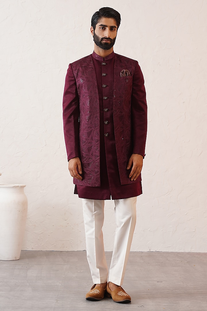 Maroon Jacquard Embroidered Indowestern Set by Zoop Men at Pernia's Pop Up Shop