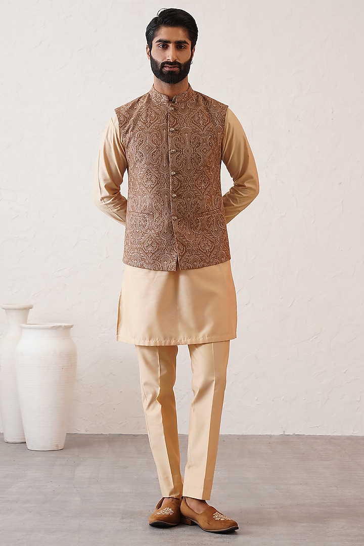 Beige Wool Kashmiri Embroidered Bundi Jacket Set by Zoop Men