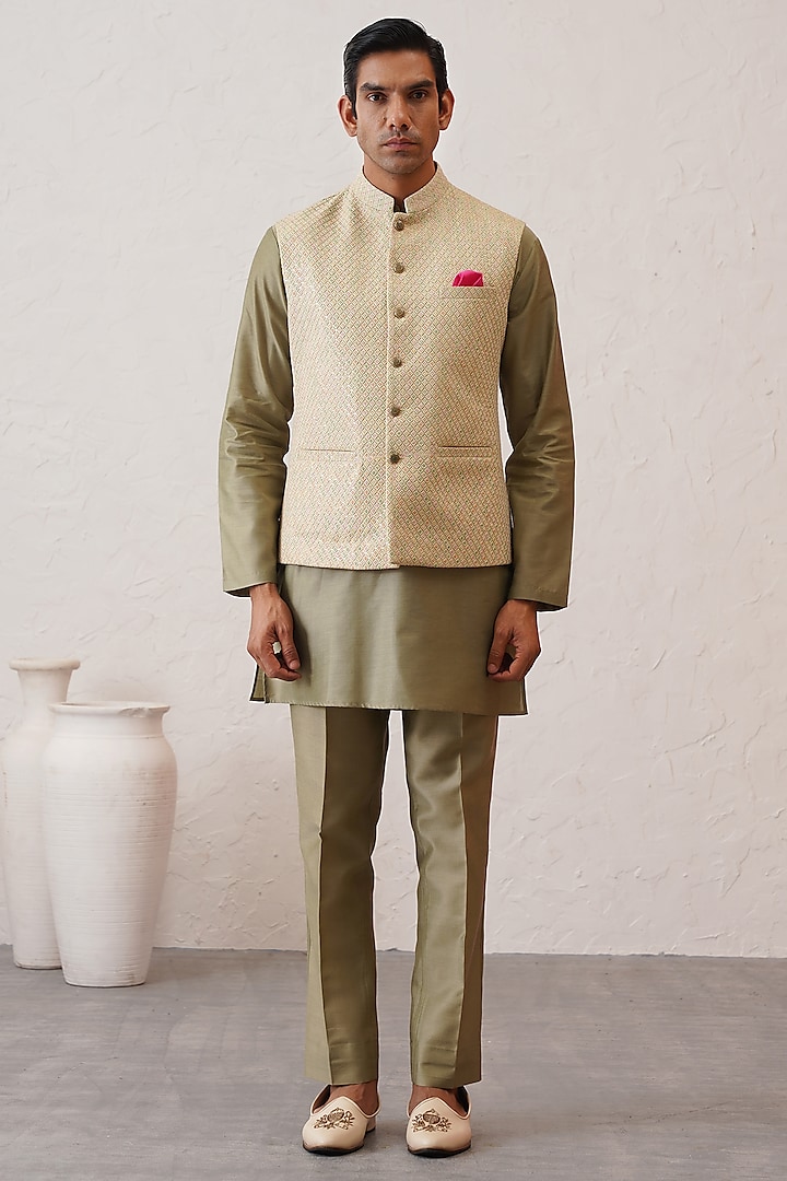 Light Green Jacquard Thread Embroidered Bundi Jacket Set by Zoop Men