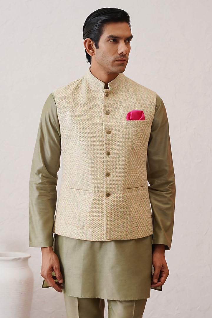 Light Green Jacquard Thread Embroidered Bundi Jacket Set by Zoop Men at Pernia's Pop Up Shop