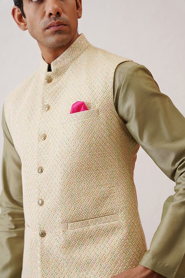 Light Green Jacquard Thread Embroidered Bundi Jacket Set by Zoop Men at Pernia's Pop Up Shop