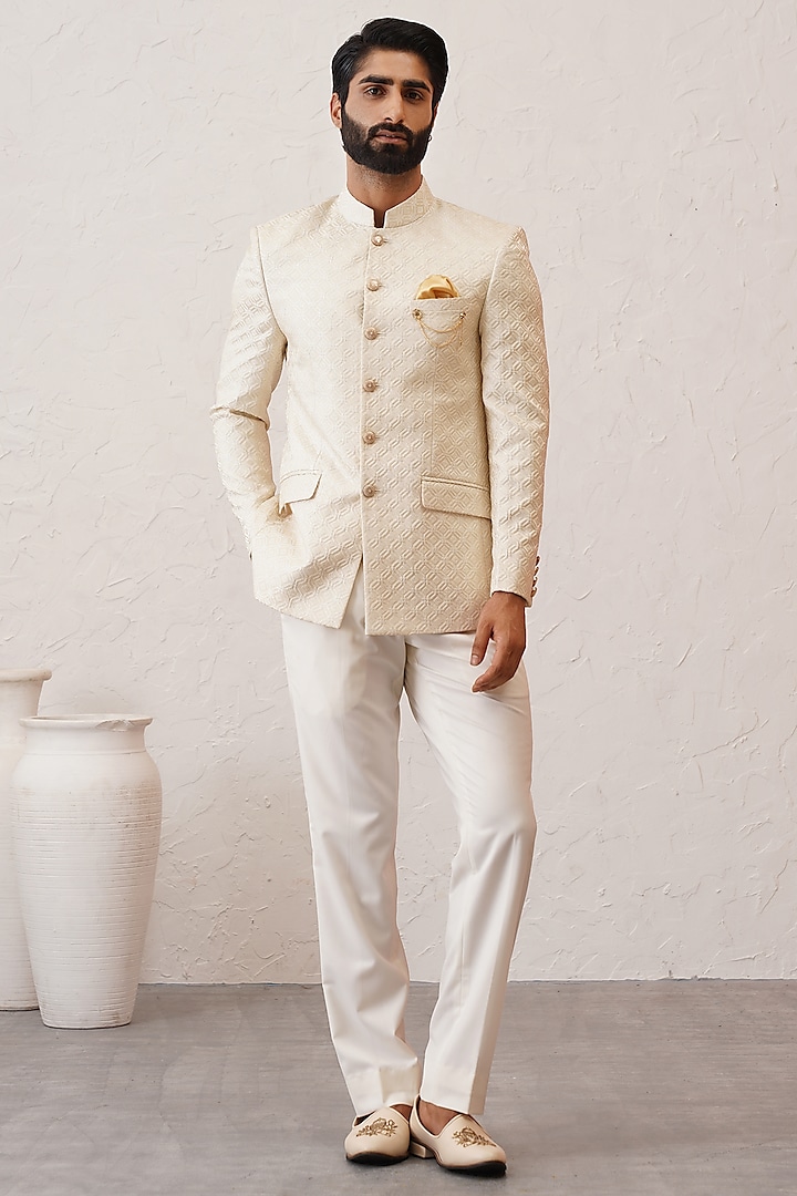 Cream Jacquard Embroidered Jodhpuri Bandhgala Set by Zoop Men at Pernia's Pop Up Shop