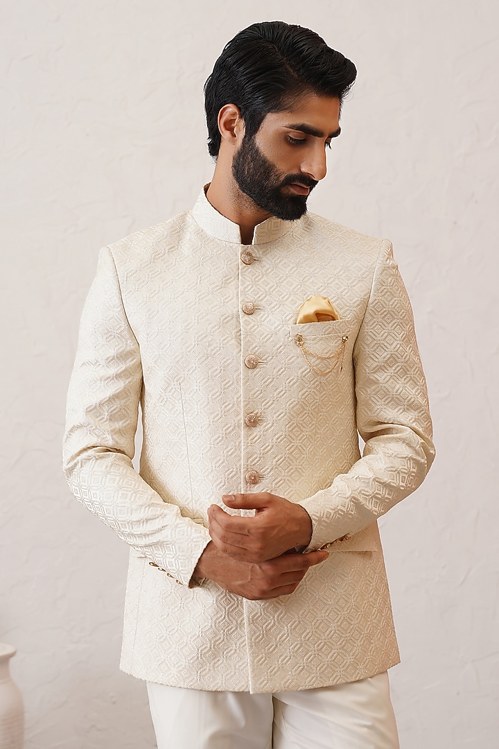 Cream Jacquard Embroidered Jodhpuri Bandhgala Set by Zoop Men at Pernia's Pop Up Shop