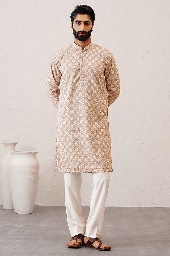 Light Beige Cotton Silk Thread Embroidered Kurta Set by Zoop Men