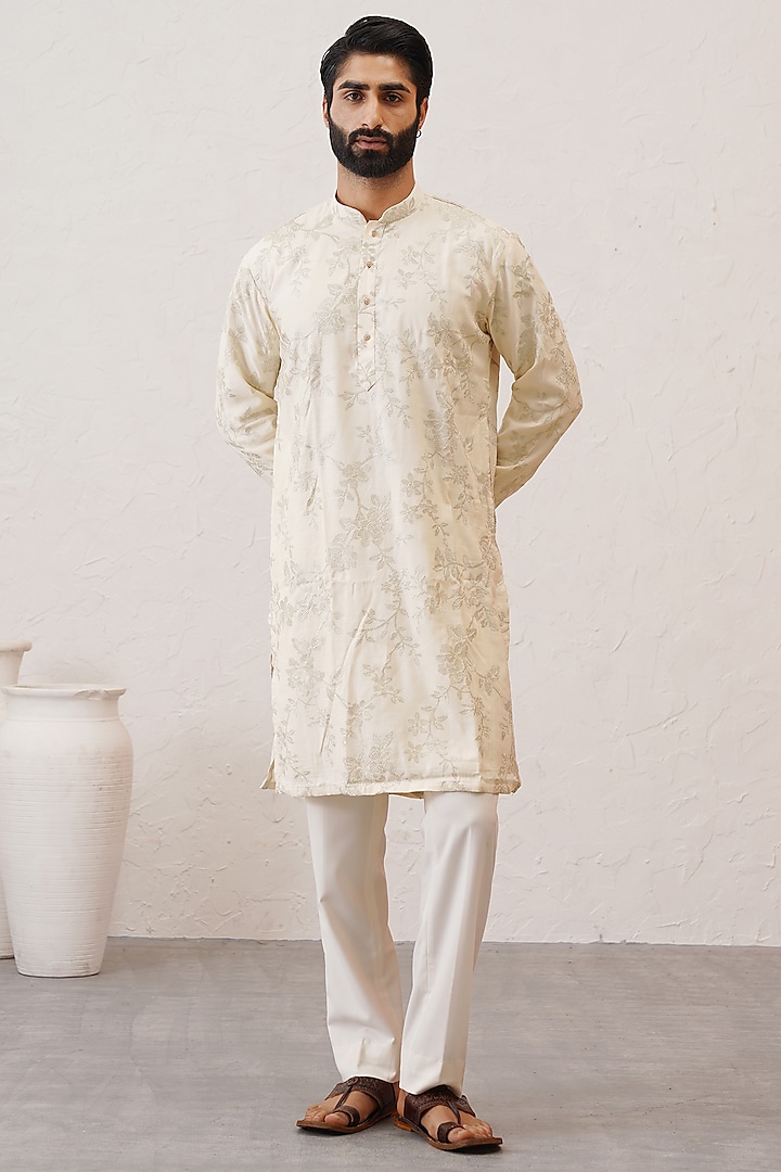 Cream Cotton Silk Thread Embroidered Kurta Set by Zoop Men