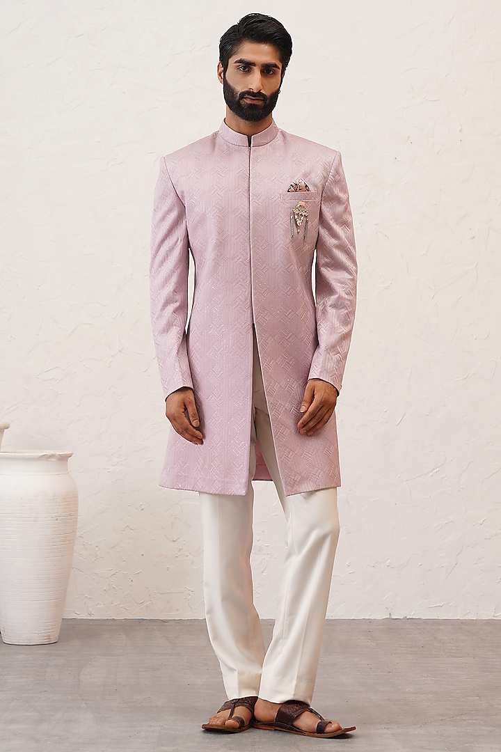 Sparkling Pink Velvet Jacquard Embroidered Achkan Jacket Set by Zoop Men