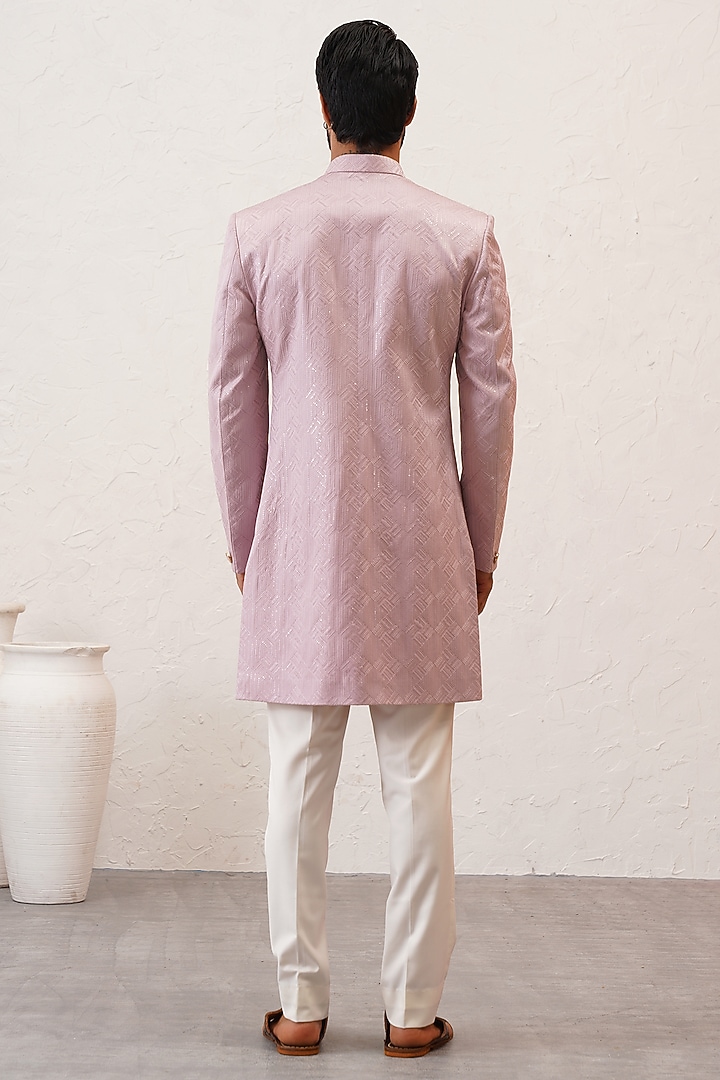 Sparkling Pink Velvet Jacquard Embroidered Achkan Jacket Set by Zoop Men at Pernia's Pop Up Shop