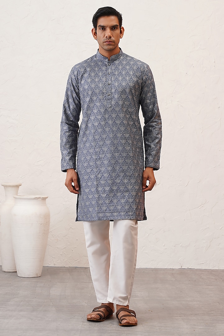 Blue-Grey Banarasi Cotton Silk Thread Embroidered Kurta Set by Zoop Men
