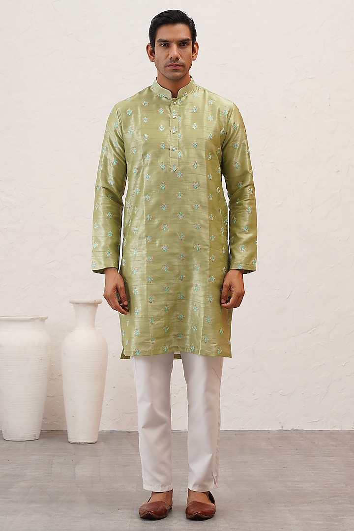 Pista Green Banarasi Cotton Silk Thread Embroidered Kurta Set by Zoop Men