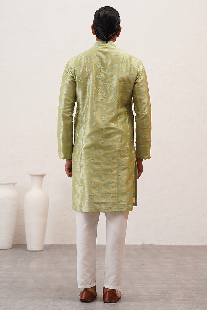 Pista Green Banarasi Cotton Silk Thread Embroidered Kurta Set by Zoop Men at Pernia's Pop Up Shop