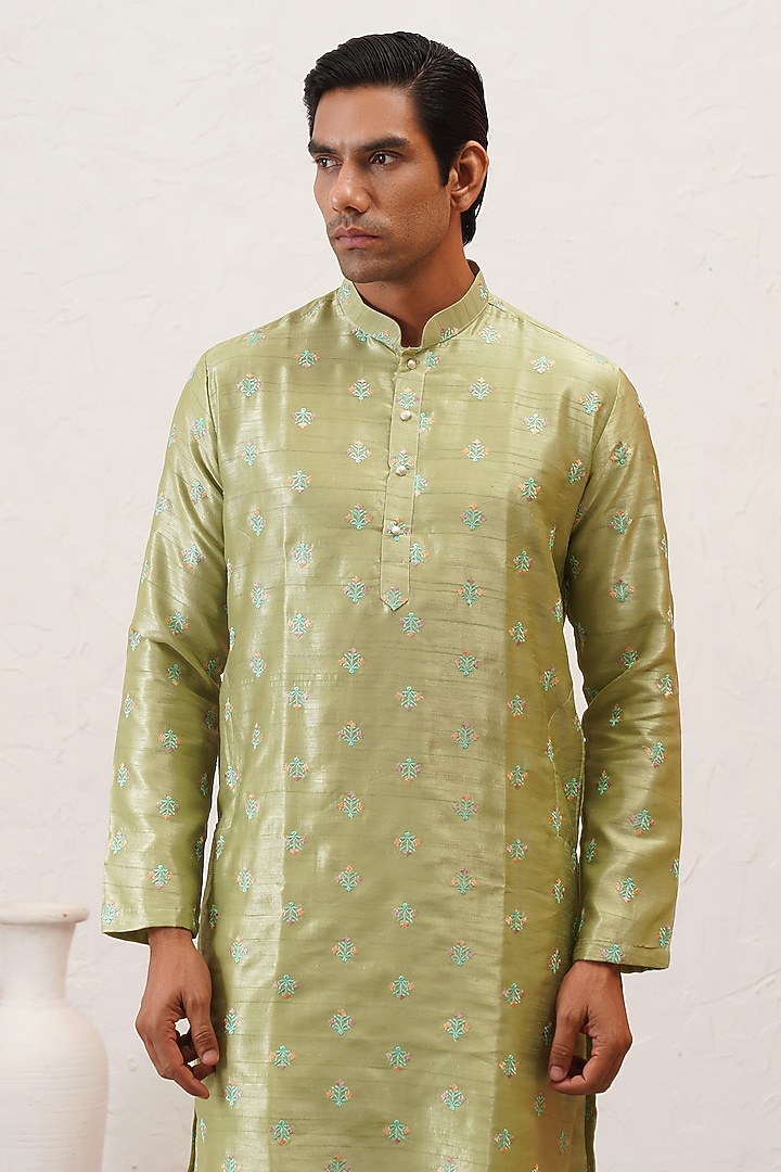 Pista Green Banarasi Cotton Silk Thread Embroidered Kurta Set by Zoop Men at Pernia's Pop Up Shop