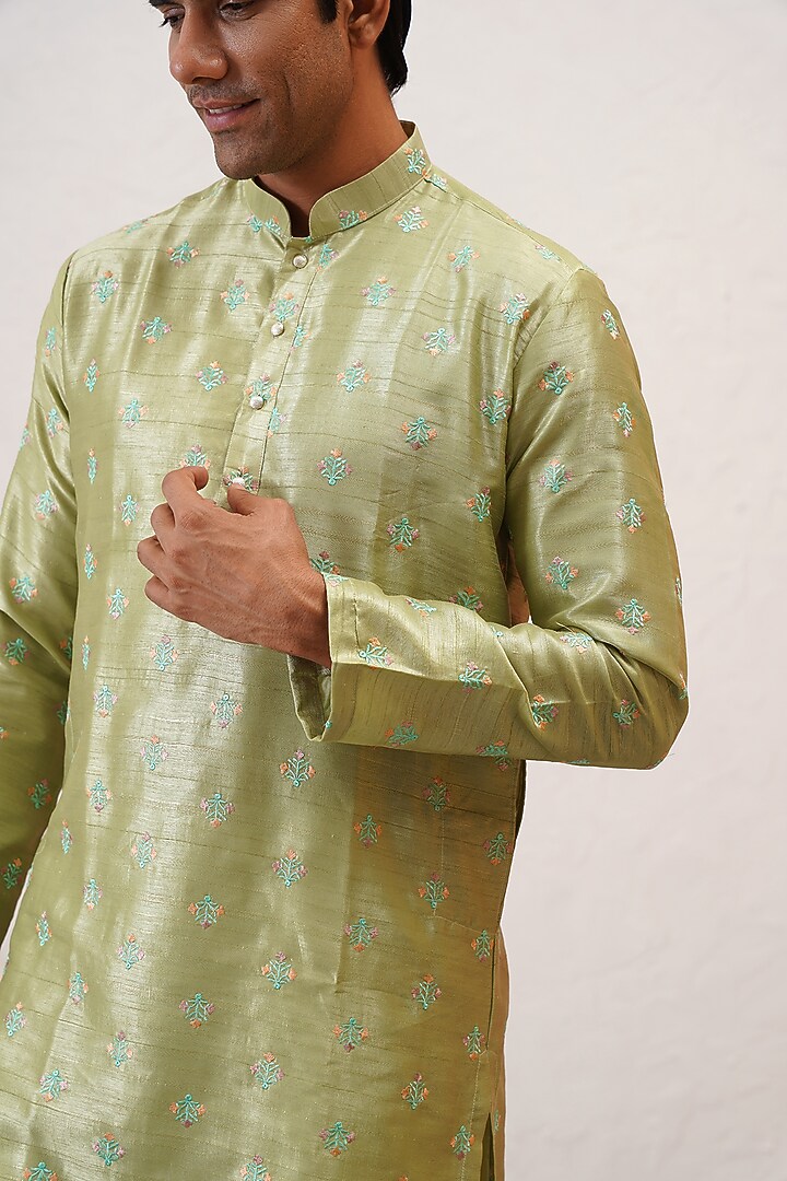 Pista Green Kurta Art Embroidered Banarasi Silk Aligadhi Pant