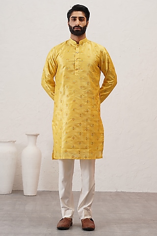 Green - Semi Silk Brocade Banarasi Men Kurta 07