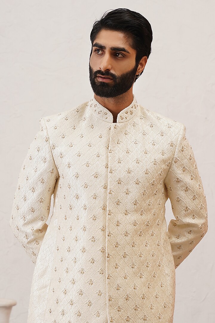 Cream Jacquard Hand Embroidered Jodhpuri Wedding Bandhgala Set by Zoop Men at Pernia's Pop Up Shop
