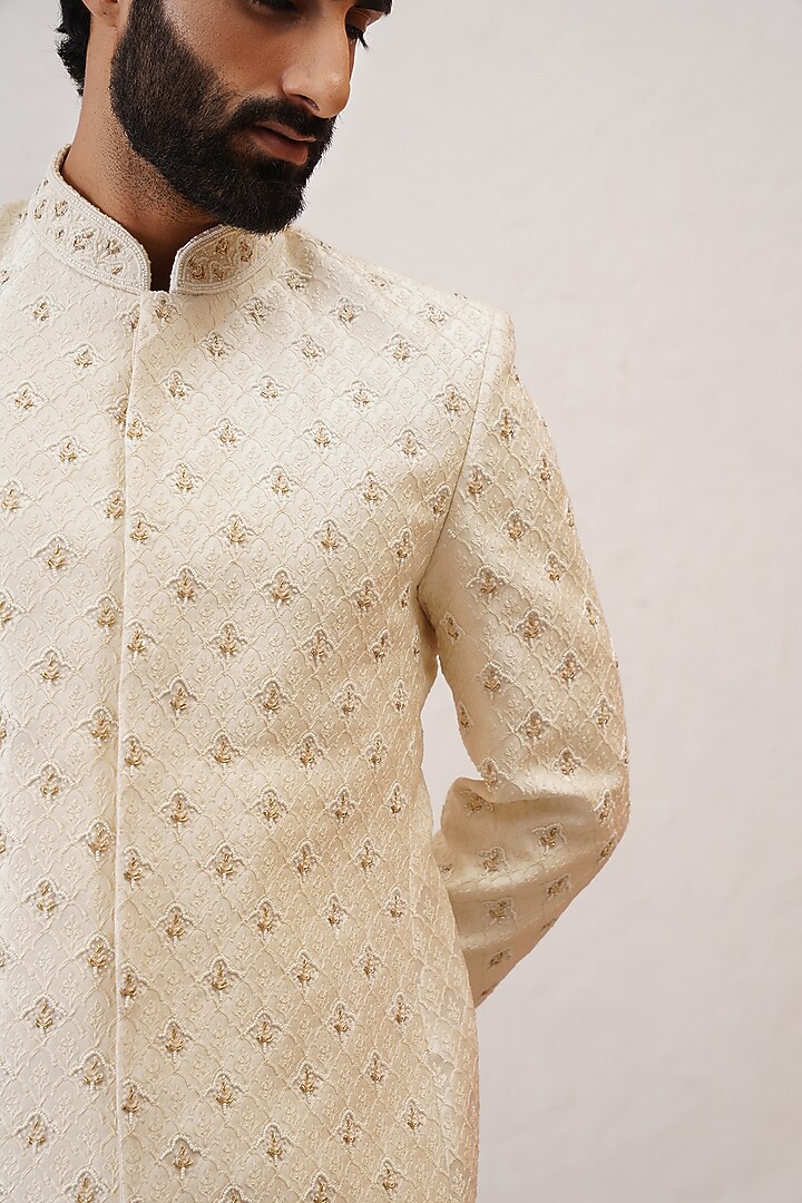 Cream Jacquard Hand Embroidered Jodhpuri Wedding Bandhgala Set by Zoop Men at Pernia's Pop Up Shop