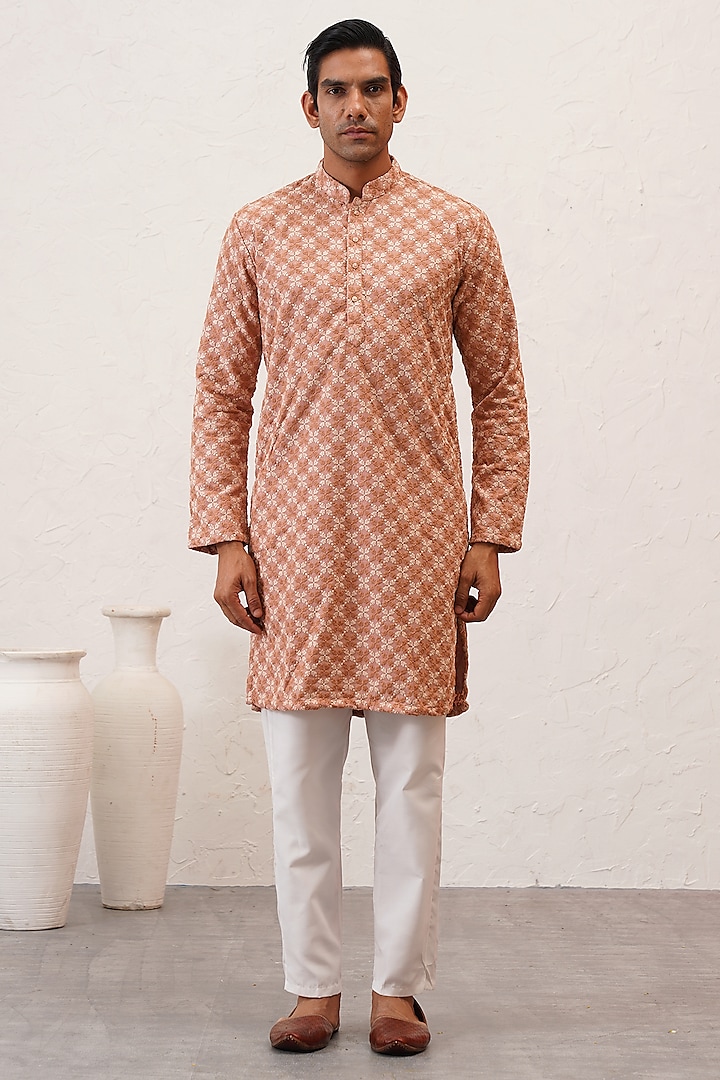 Orange Cotton Silk Thread Embroidered Kurta Set by Zoop Men