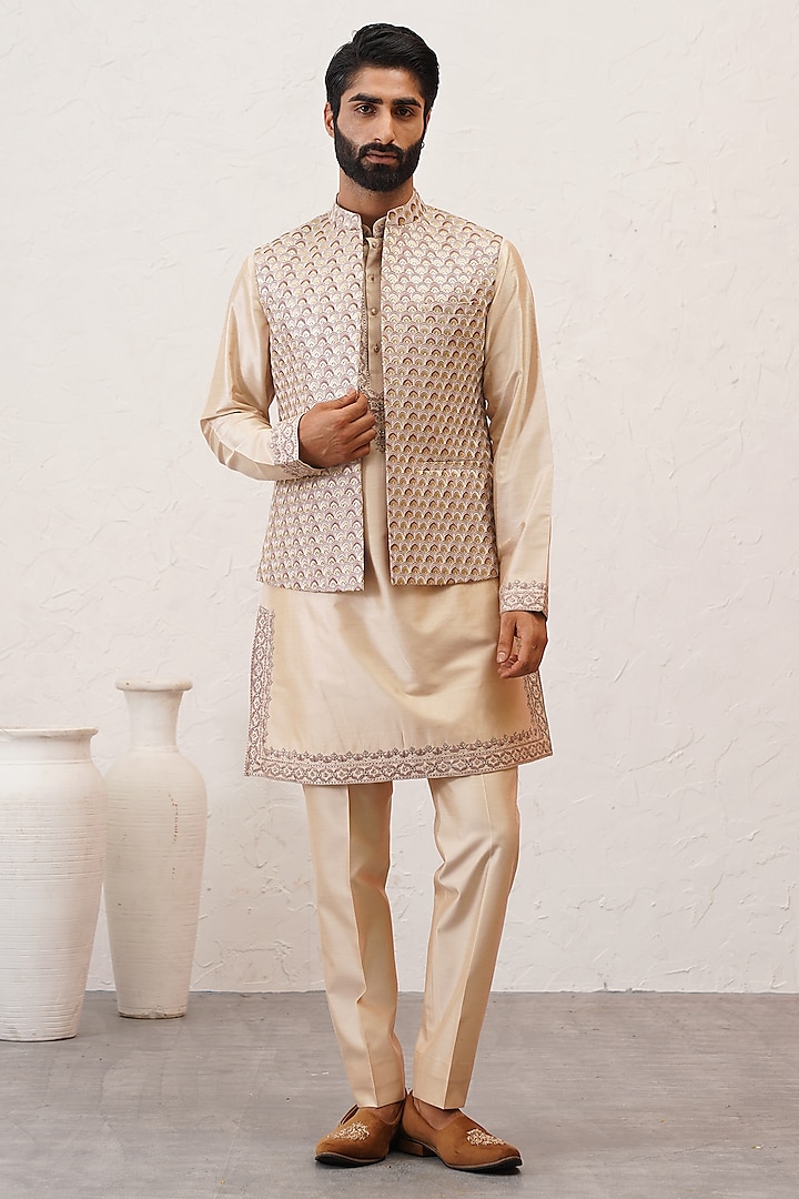 Cream Jacquard Embroidered Indowestern Set by Zoop Men