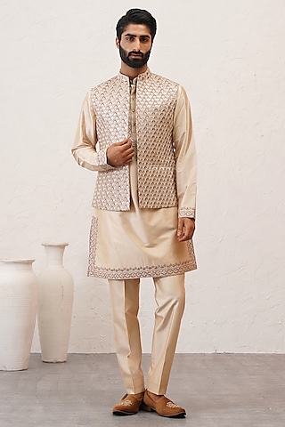 Cream Jacquard Embroidered Indowestern Set by Zoop Men