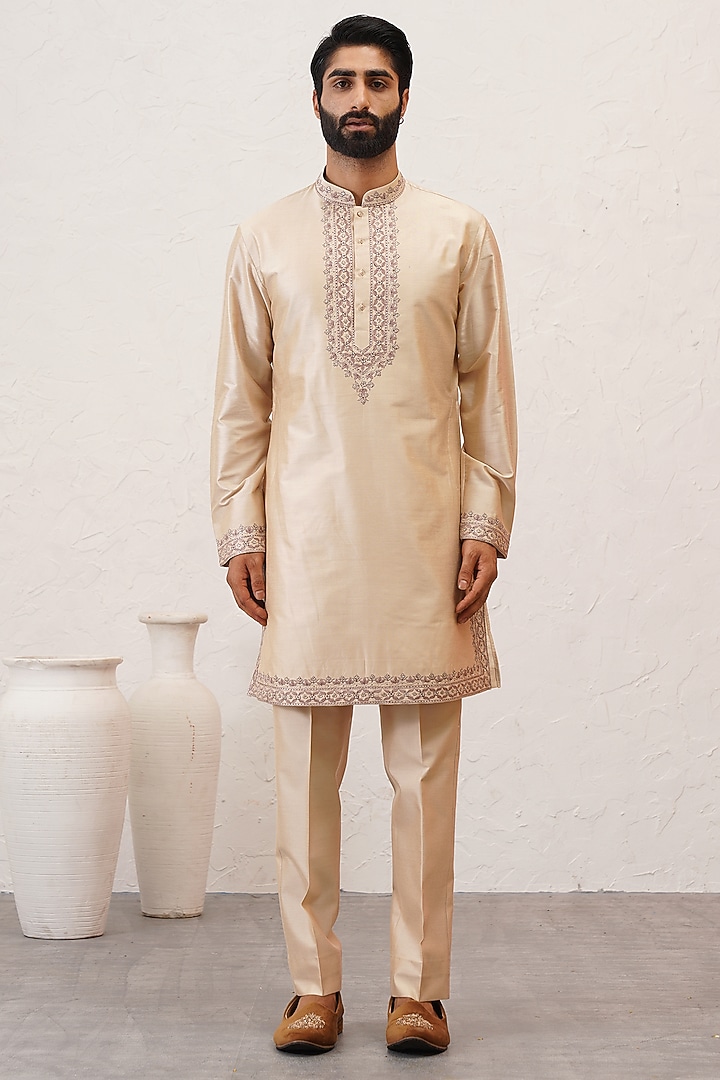 Cream Jacquard Embroidered Indowestern Set by Zoop Men at Pernia's Pop Up Shop