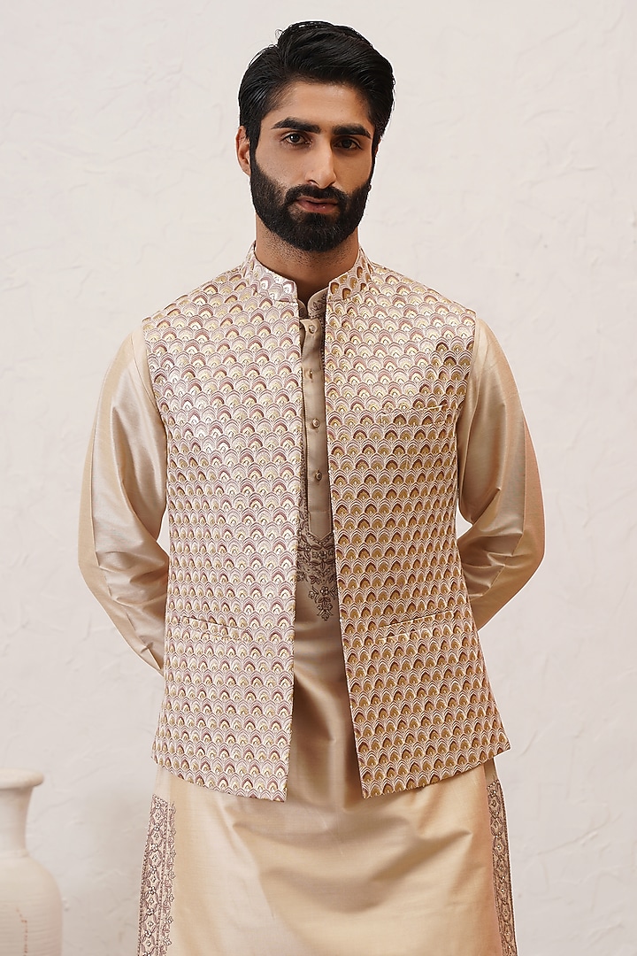 Cream Jacquard Embroidered Indowestern Set by Zoop Men at Pernia's Pop Up Shop