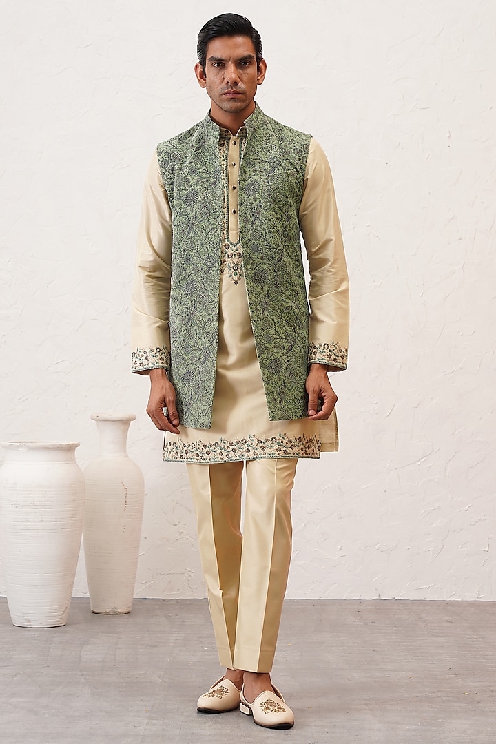 Green Micro Velvet Embroidered Indowestern Set by Zoop Men