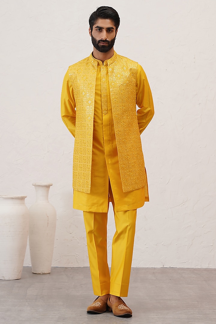 Yellow Jacquard Embroidered Indowestern Set by Zoop Men