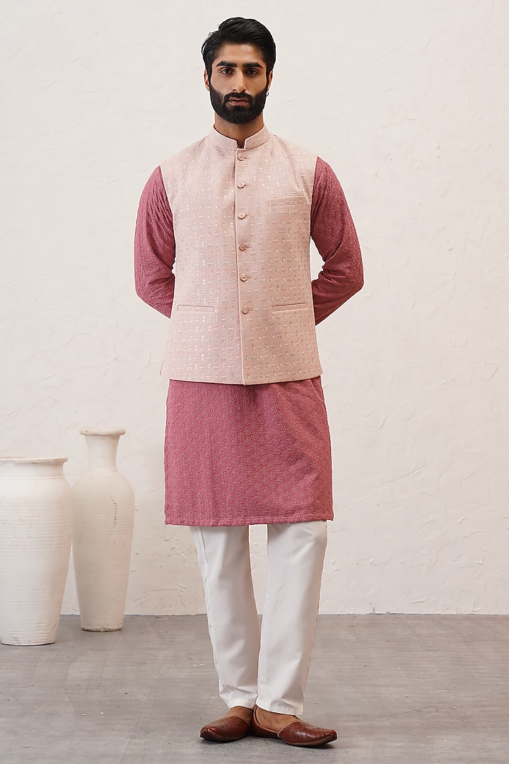 Pink Jacquard Sequins Embroidered Bundi Jacket Set by Zoop Men
