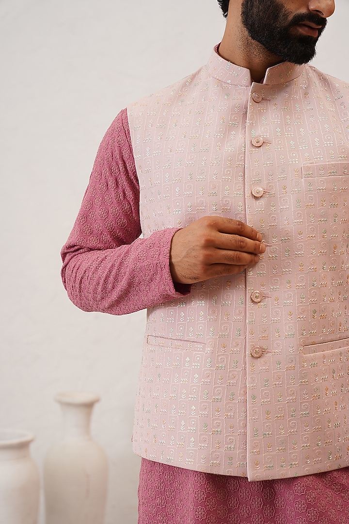 Pink Jacquard Sequins Embroidered Bundi Jacket Set by Zoop Men at Pernia's Pop Up Shop