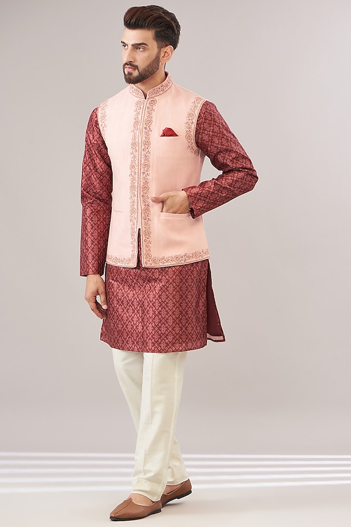 Pink Pure Linen Hand Embroidered Bundi Set by Zoop Men