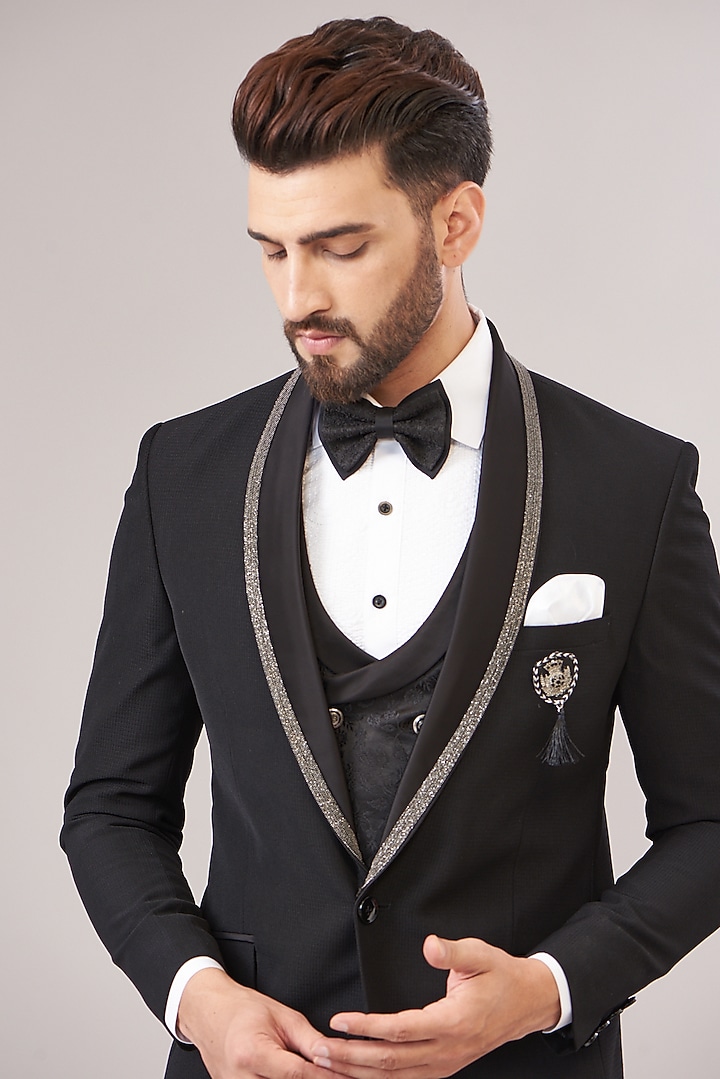 Black Terry Rayon Tuxedo Set by Zoop Men at Pernia's Pop Up Shop
