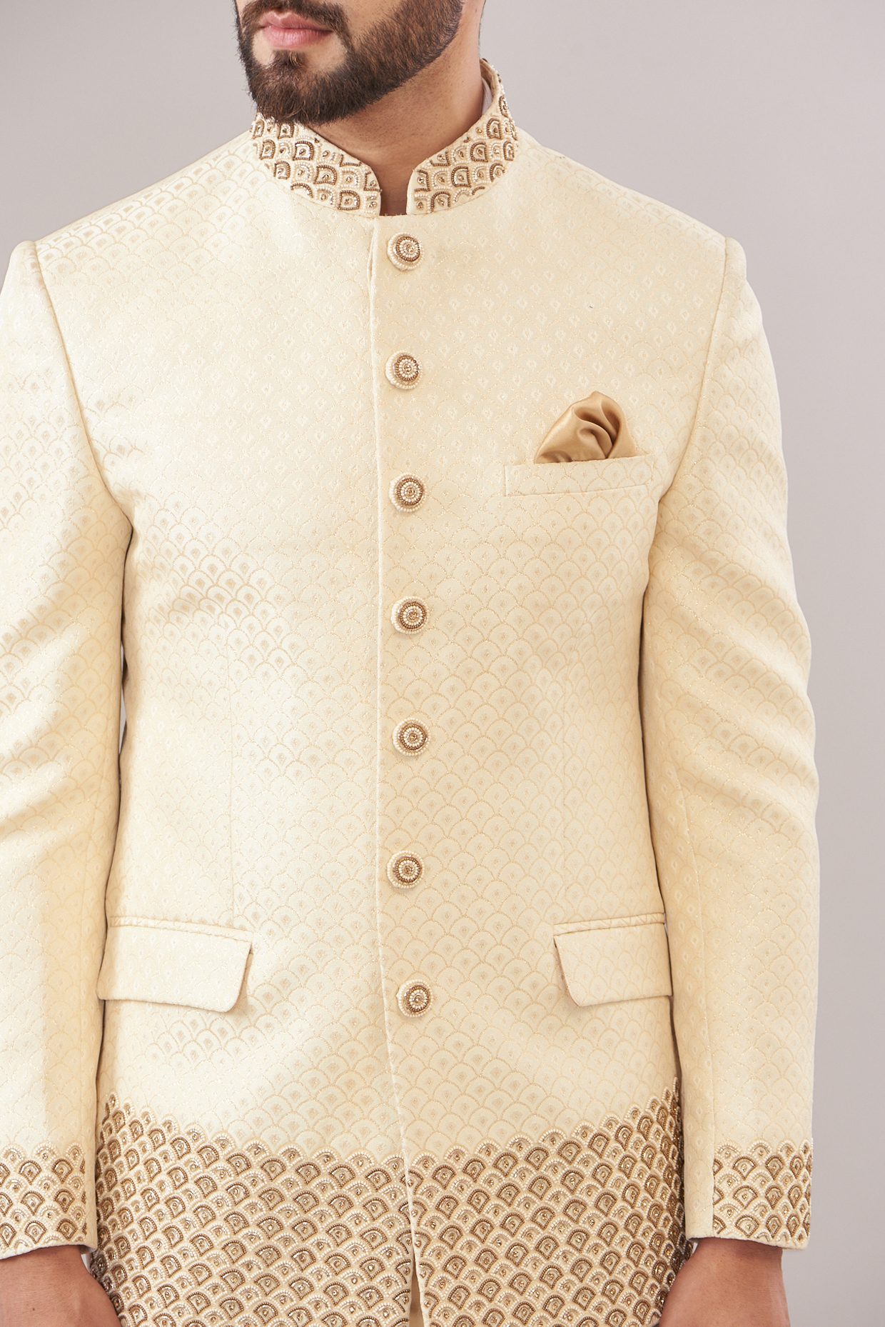 Royal Gold Jacquard Embroidered Bandhgala Set by Zoop Men at