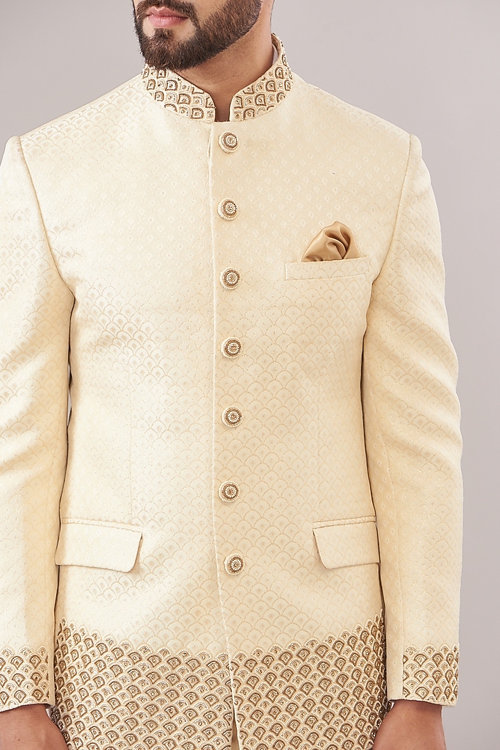 Royal Gold Jacquard Embroidered Wedding Bandhgala Set by Zoop Men at Pernia's Pop Up Shop