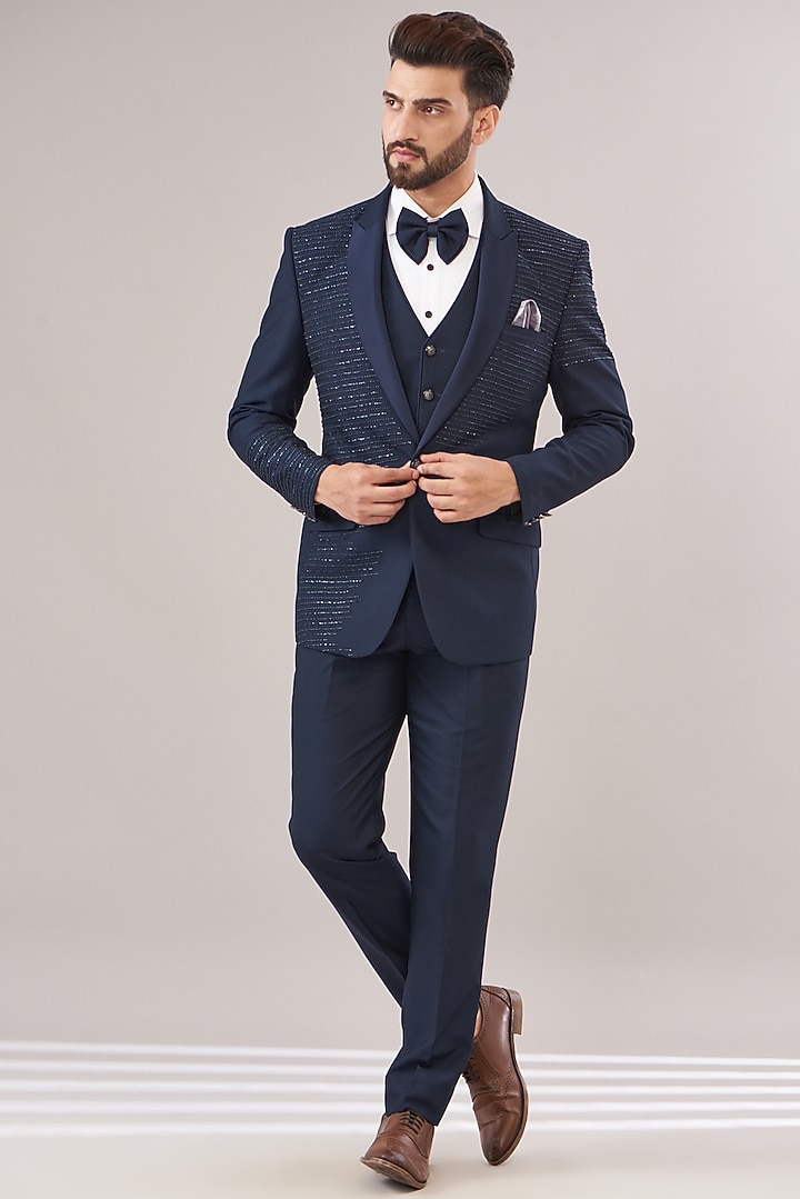 Blue Terry Rayon Embroidered Tuxedo Set by Zoop Men at Pernia's Pop Up Shop