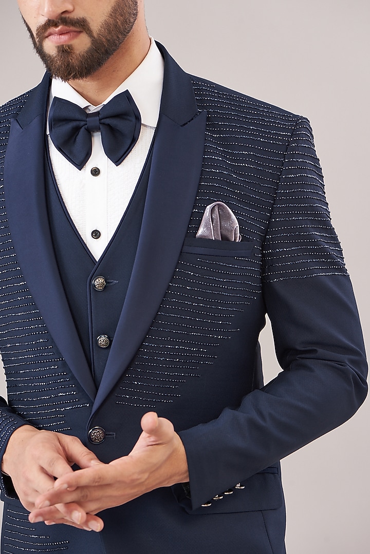 Blue Terry Rayon Embroidered Tuxedo Set by Zoop Men at Pernia's Pop Up Shop