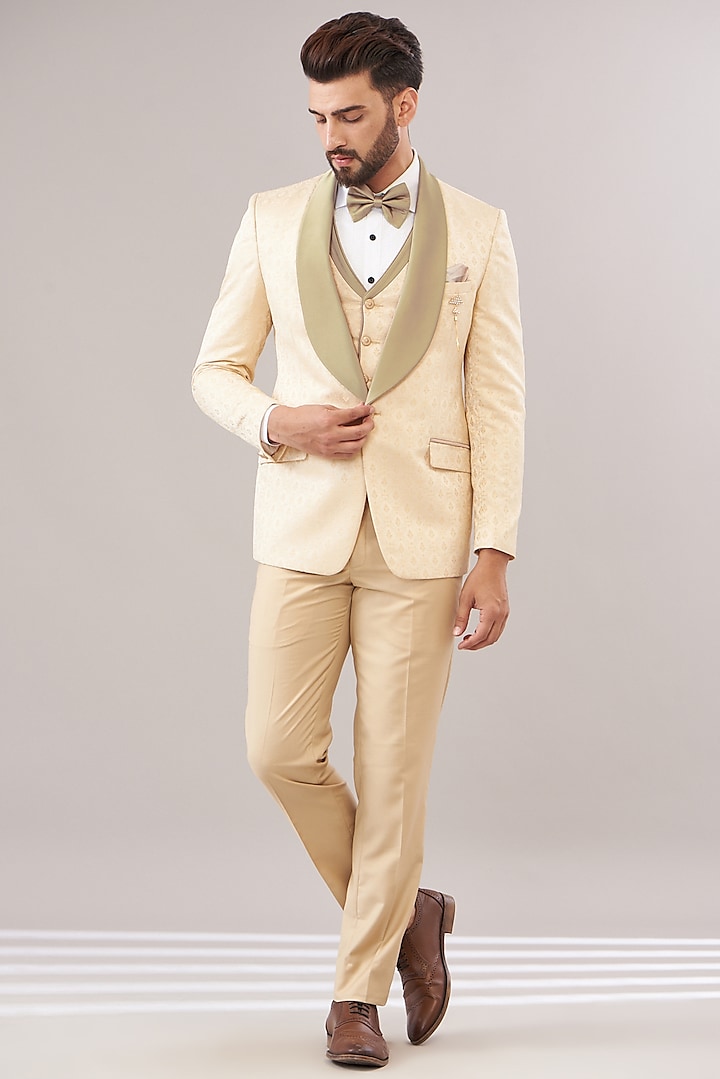 Light Gold Jacquard Printed Tuxedo Set by Zoop Men