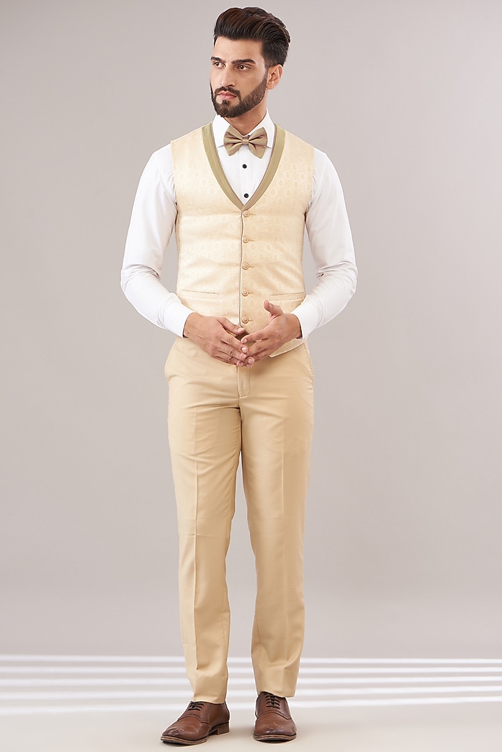 Light Gold Jacquard Printed Tuxedo Set by Zoop Men at Pernia's Pop Up Shop