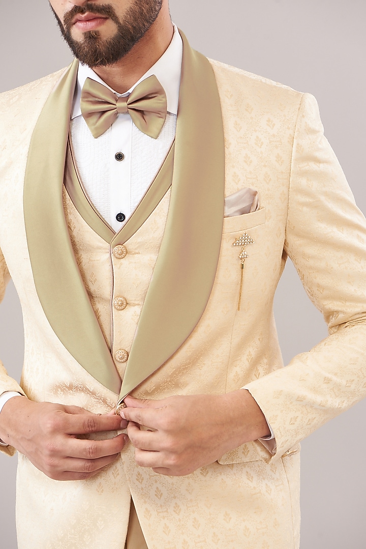 Light Gold Jacquard Printed Tuxedo Set by Zoop Men at Pernia's Pop Up Shop