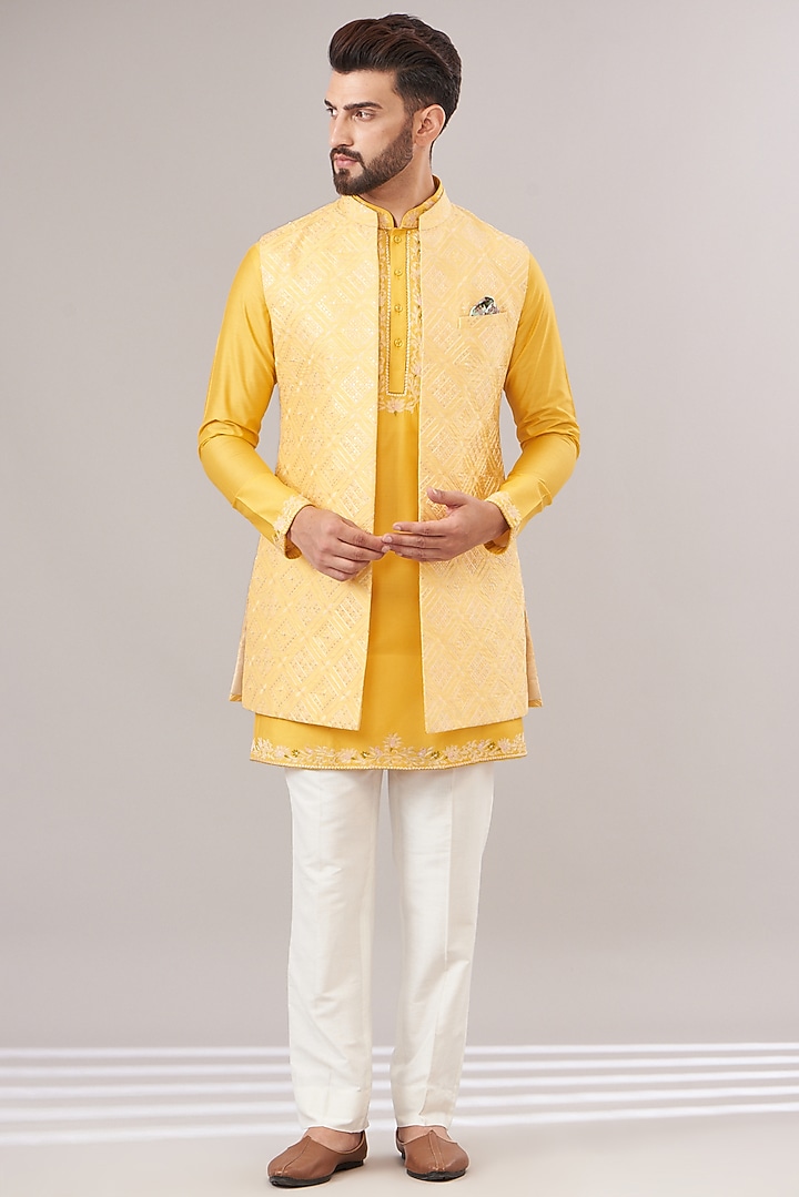 Light Yellow Jacquard Printed Indowestern Set by Zoop Men at Pernia's Pop Up Shop